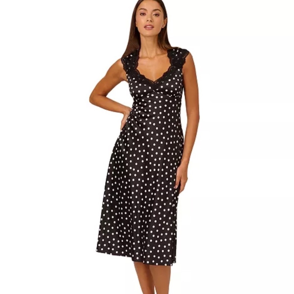 Adrianna Papell Polka Dot Midi Dress Women Size 2 NEW Lace Trim MSRP $149